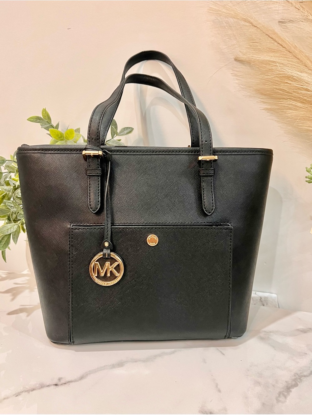 Michael Kors Black Saffiano Tote with Gold Hardware